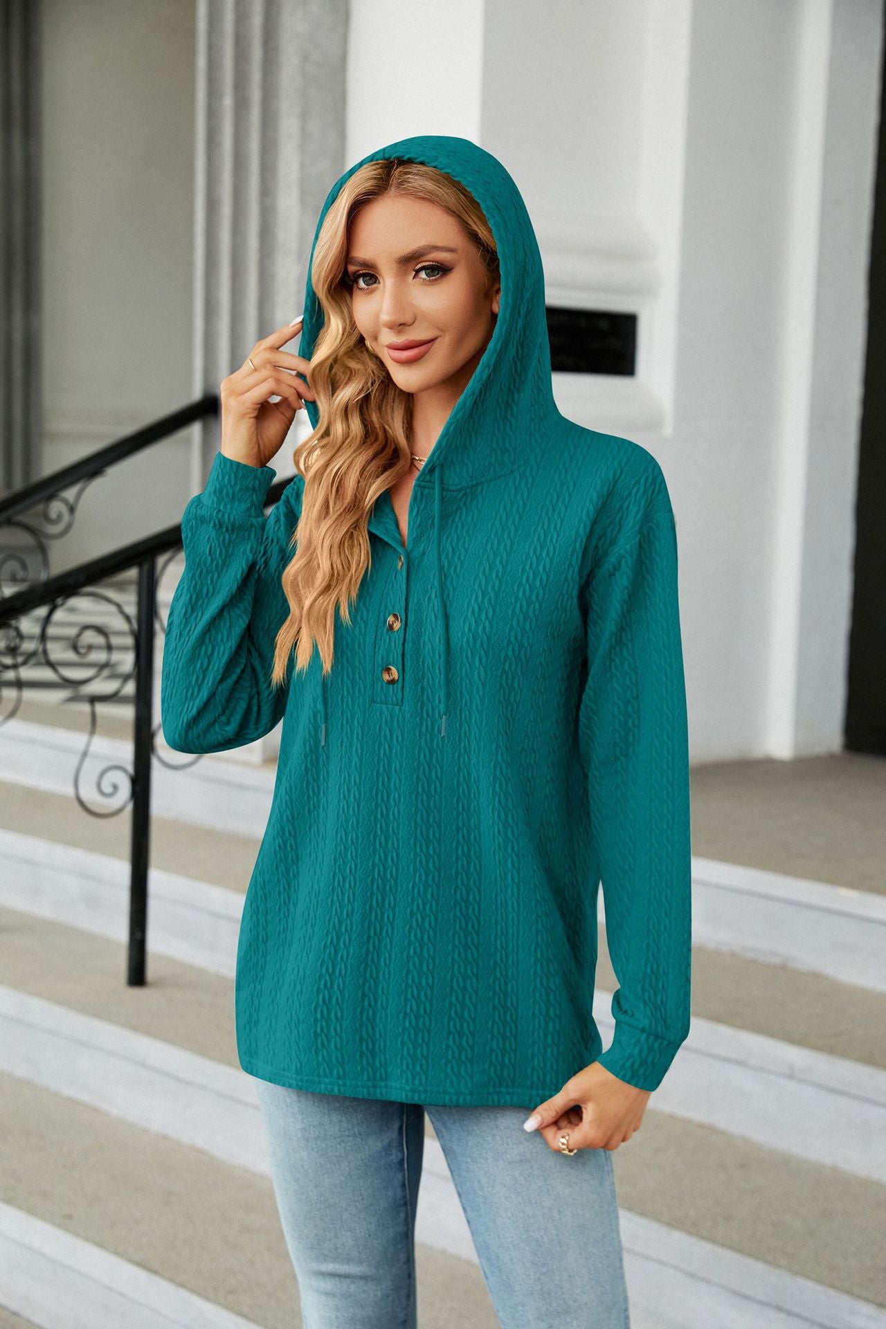 Button Hooded Sweatshirt Loose Long Sleeve Casual Tops
