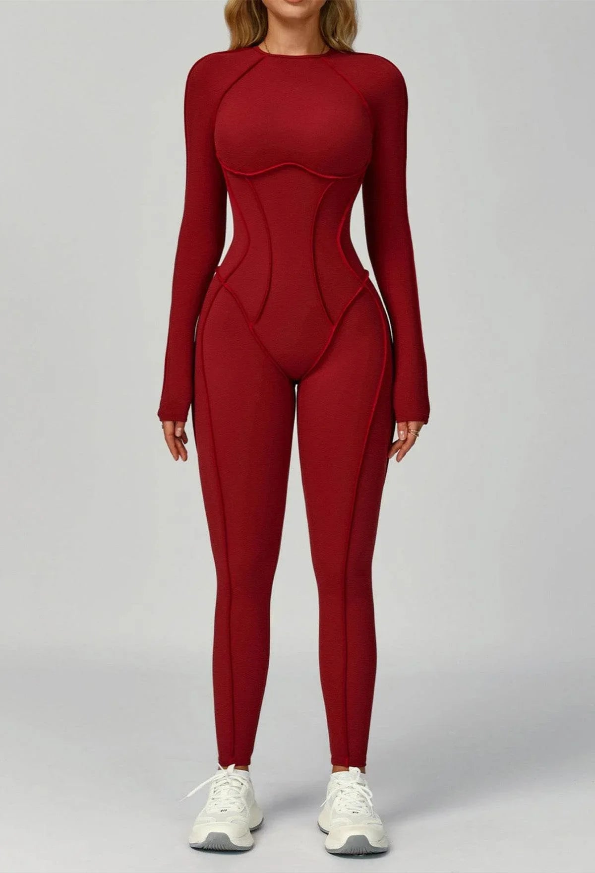 Long Sleeve Backless Yoga One Piece Jumpsuits - Wine Red
