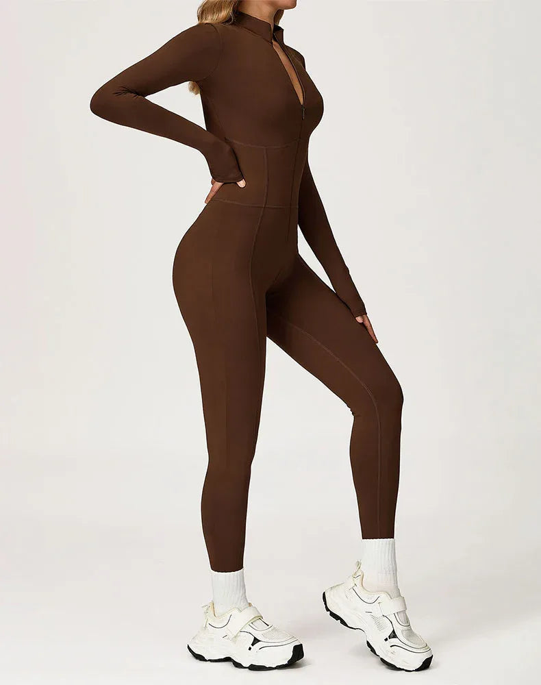 Contour Seams Workout Jumpsuit Zip Up One Piece Bodysuit -