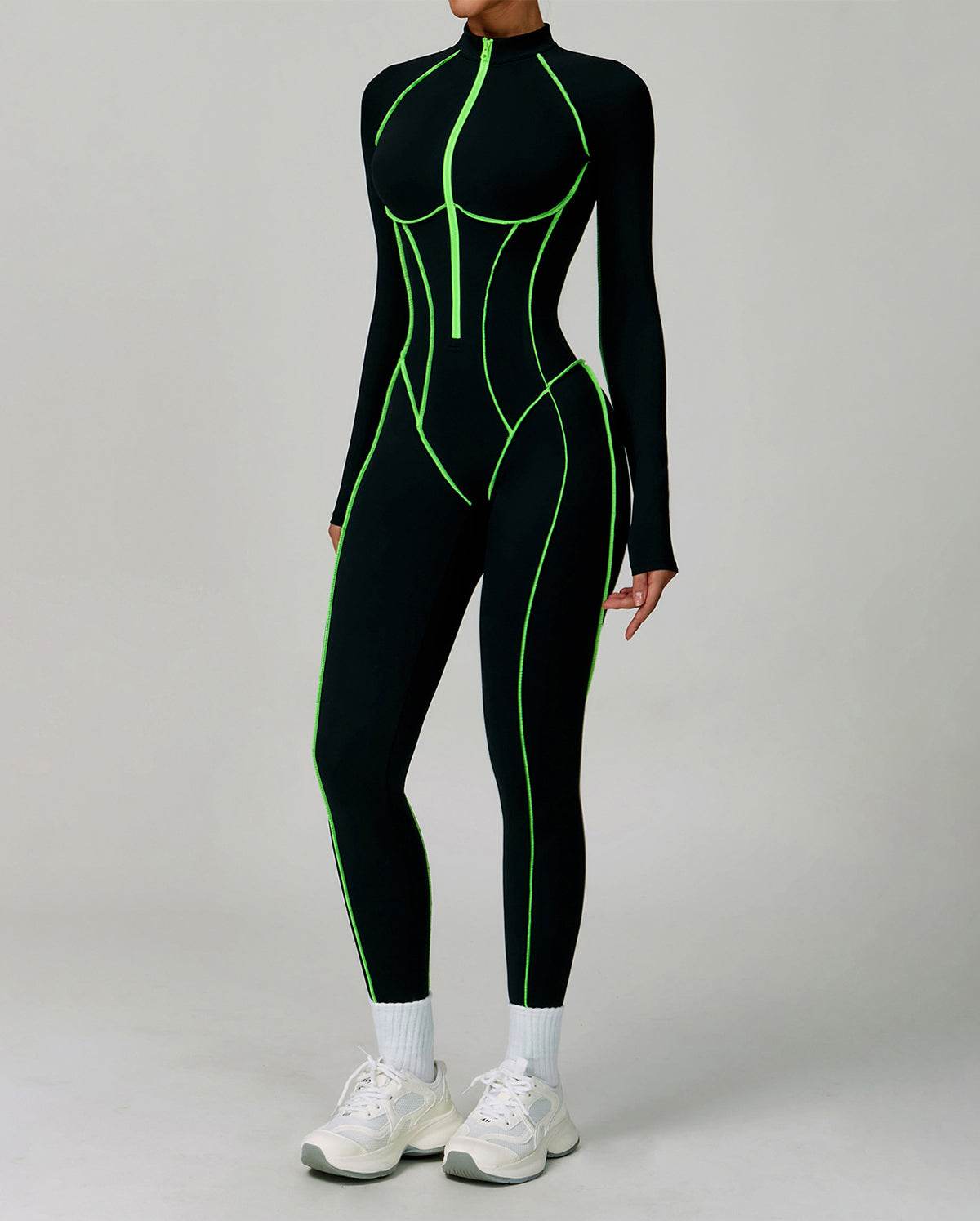 Three Dimensional Line Sports Backless Long Sleeve Jumpsuit