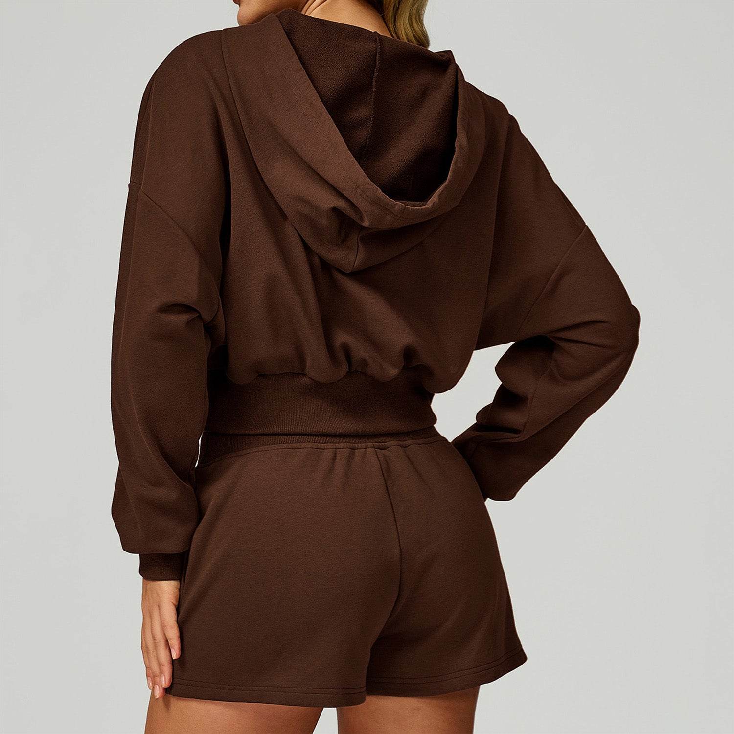 Long Sleeve Full Zip Up Crop Drawstring Hoodie Jacket