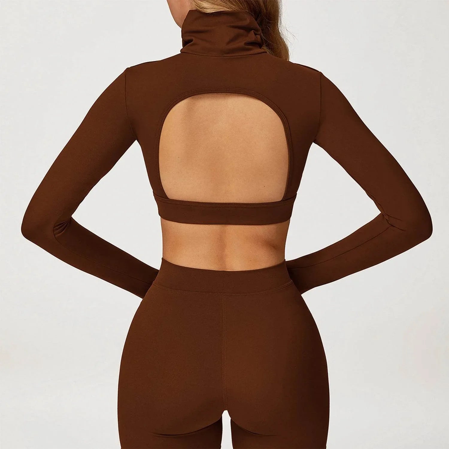 Backless Turtleneck Crop Top Long Sleeve Yoga T-Shirt -