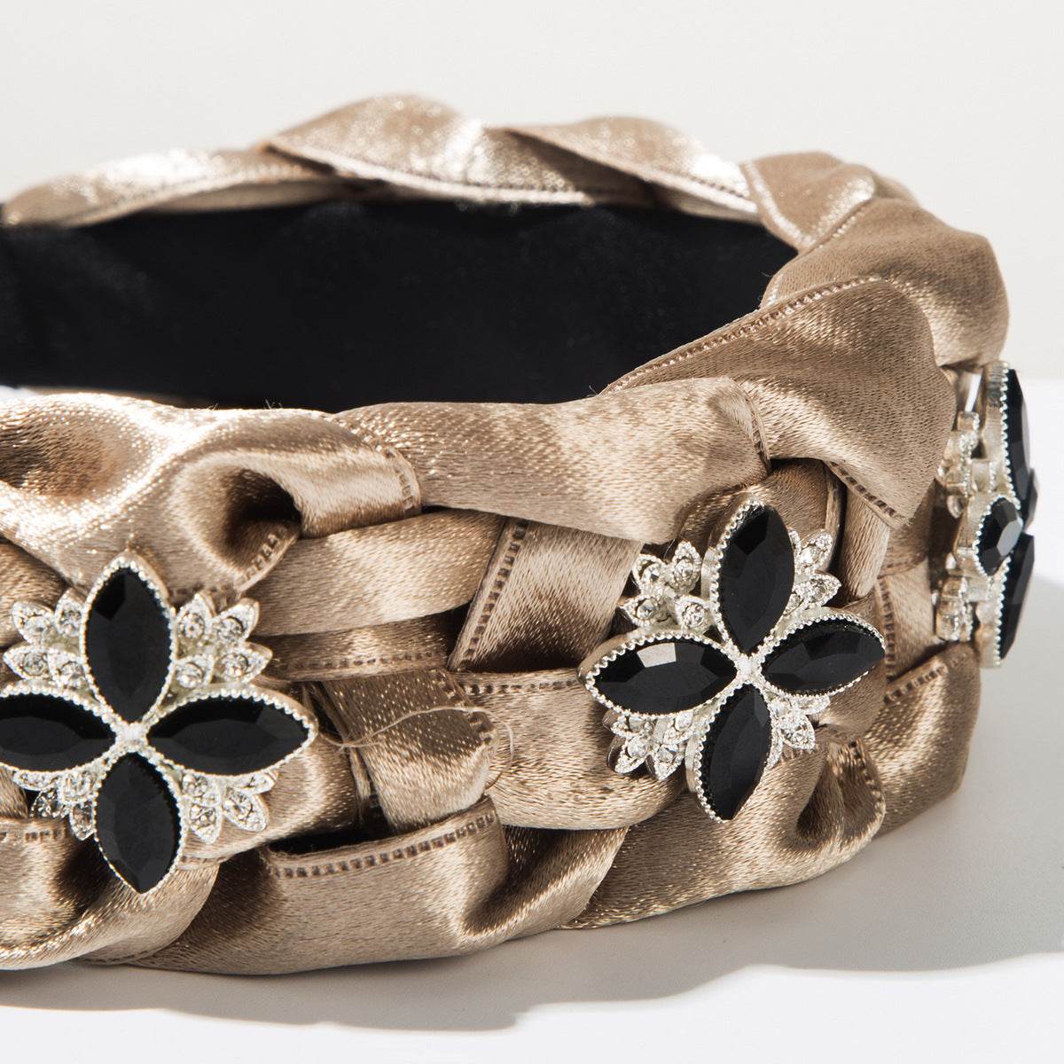 Hand Silks Satins Braided Headband with Four Leaf Flower Rhinestones