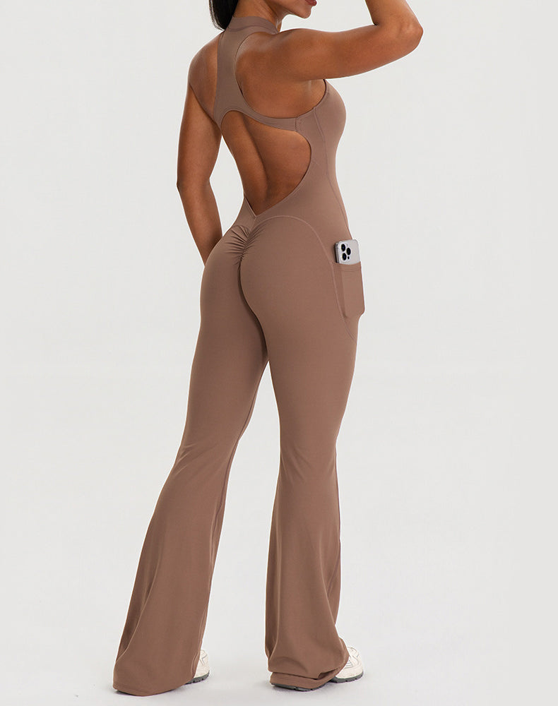 Zipper Racerback Yoga Bodysuit Flare Jumpsuit with Pockets