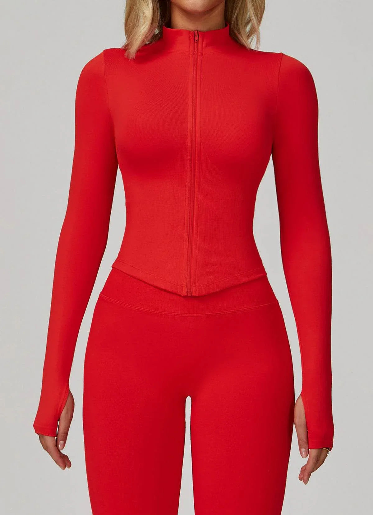 Full Zip Cropped Workout Jacket with Thumb Holes - Red