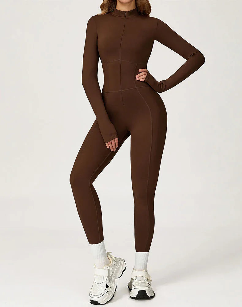 Contour Seams Workout Jumpsuit Zip Up One Piece Bodysuit -