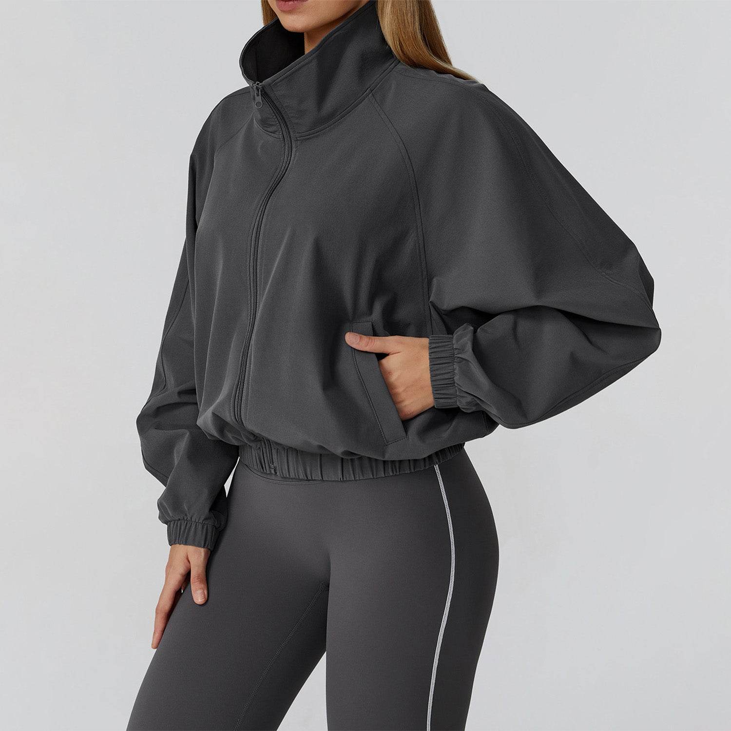 Full Zip Athletic Jacket Cropped Coats with Pockets