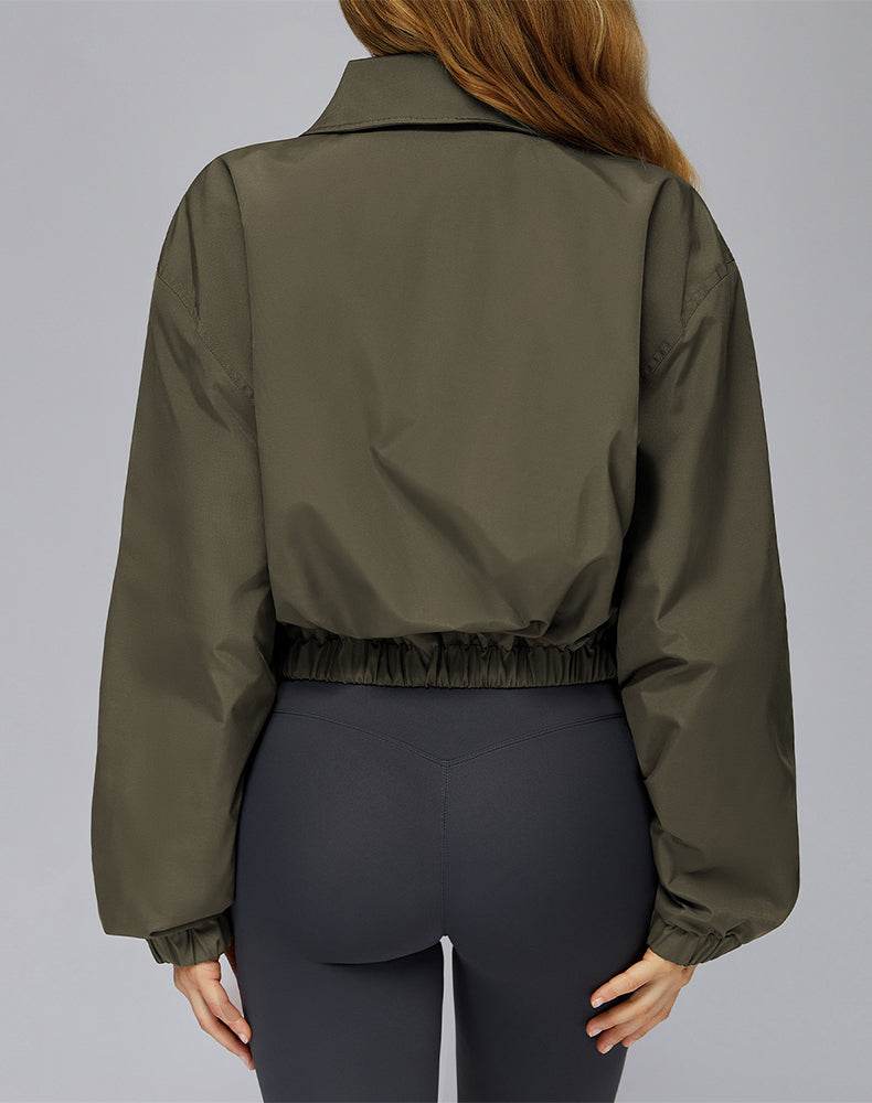 Stand Collar Casual Jacket Long Sleeve Tight Hem Crop Tops -