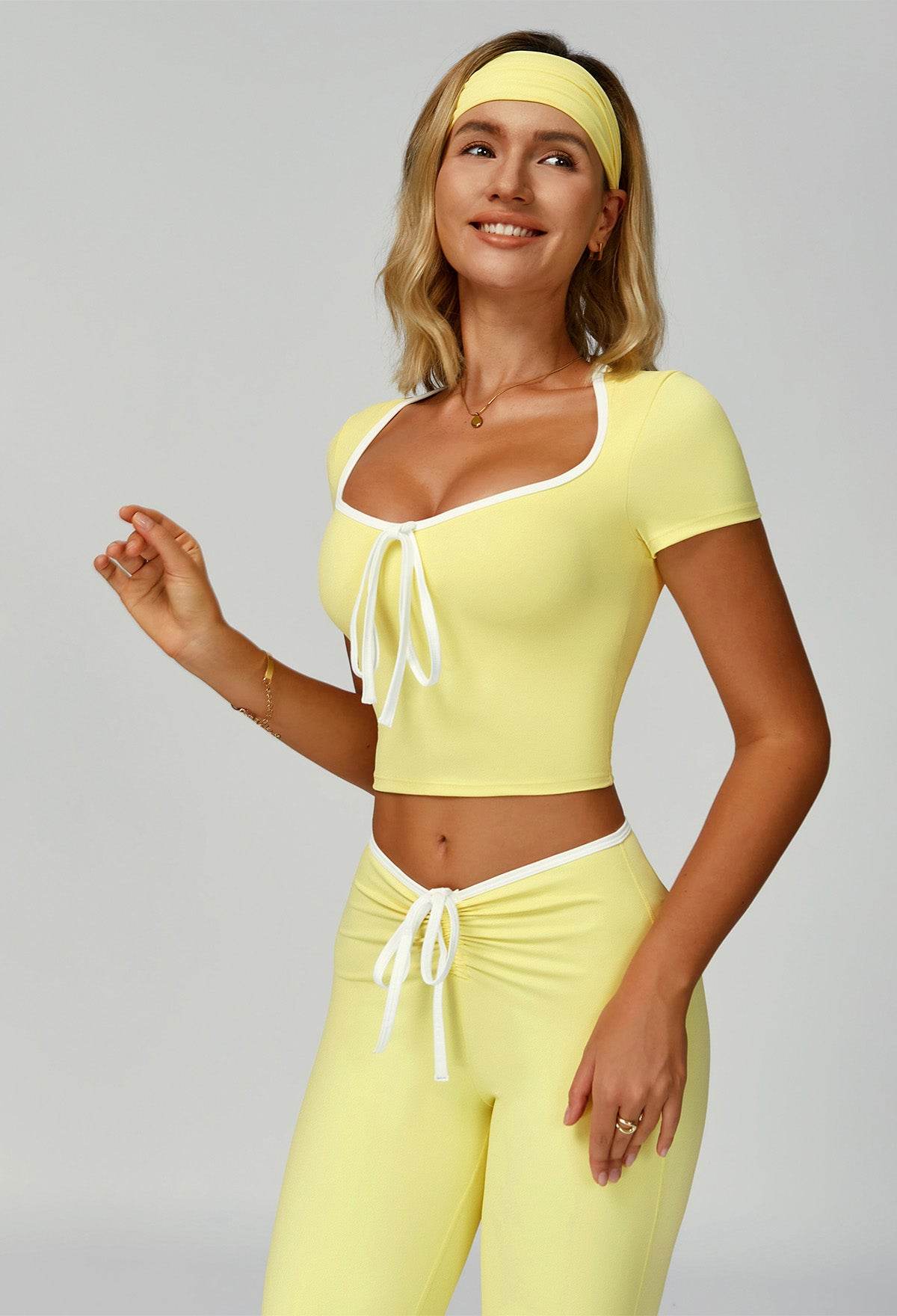 2 Pieces Activewear Set with Bow Crop Tops and Yoga Headband