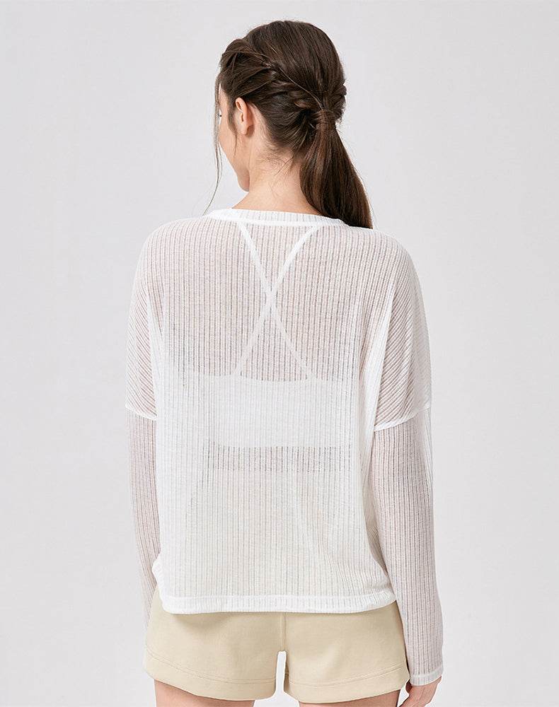 Sheer Long Sleeve Mesh Top Crewneck Loose See Through Blouse