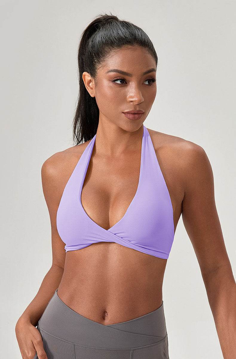 Twist Front Halter Straps Sports Bra - Purple