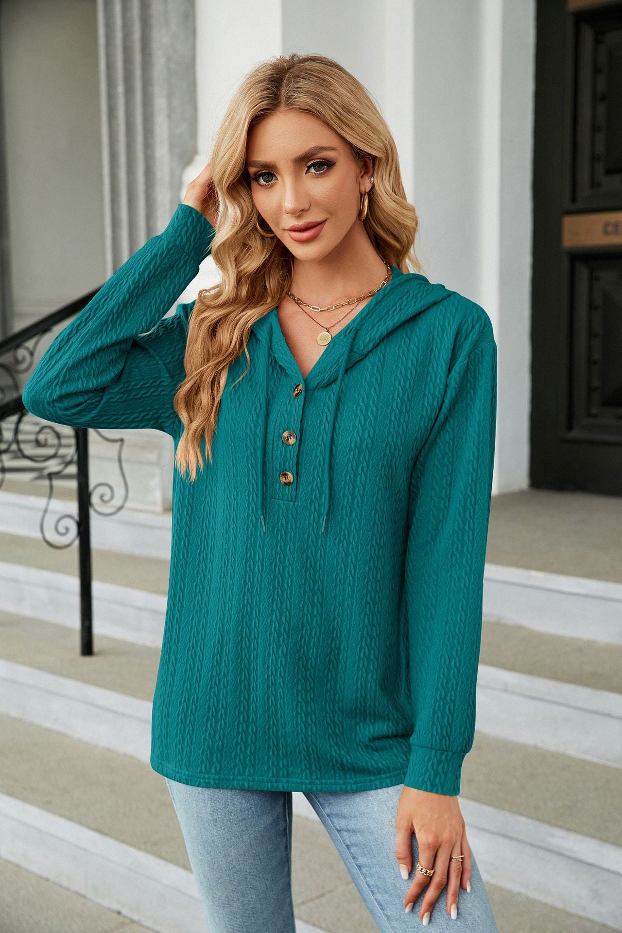 Button Hooded Sweatshirt Loose Long Sleeve Casual Tops