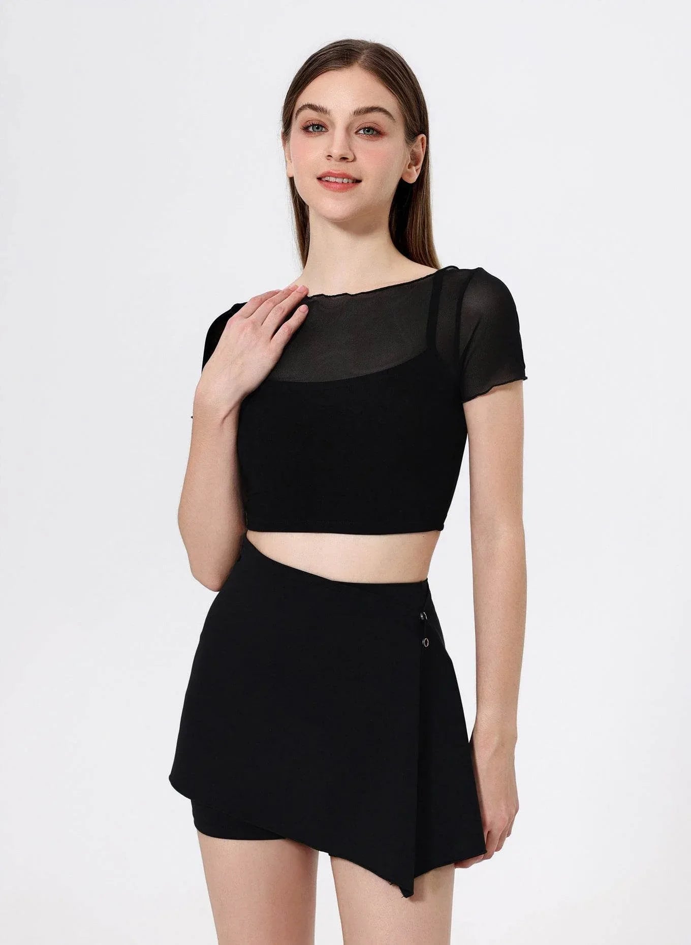 Mesh Sport Crop T-Shirts with Built-in Chest Pad - Black
