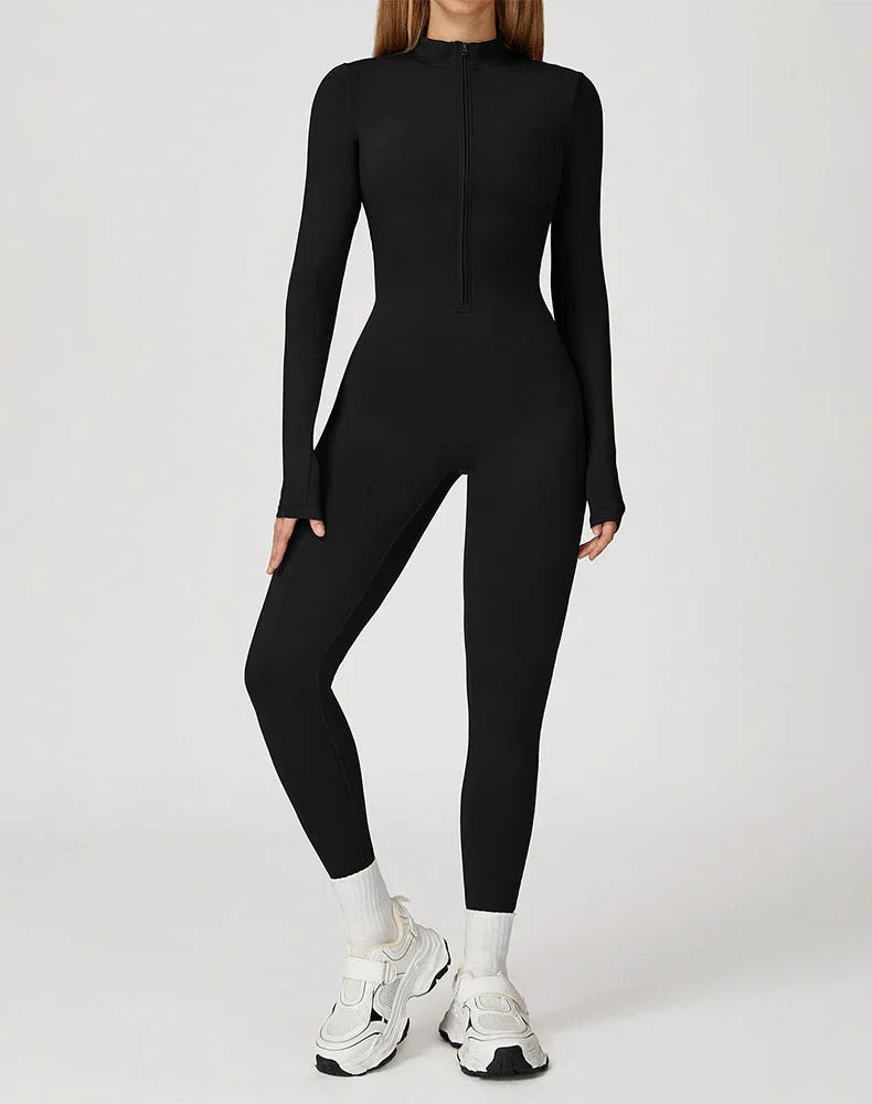Long Sleeve Workout Jumpsuit Zip Up One Piece Bodysuit -