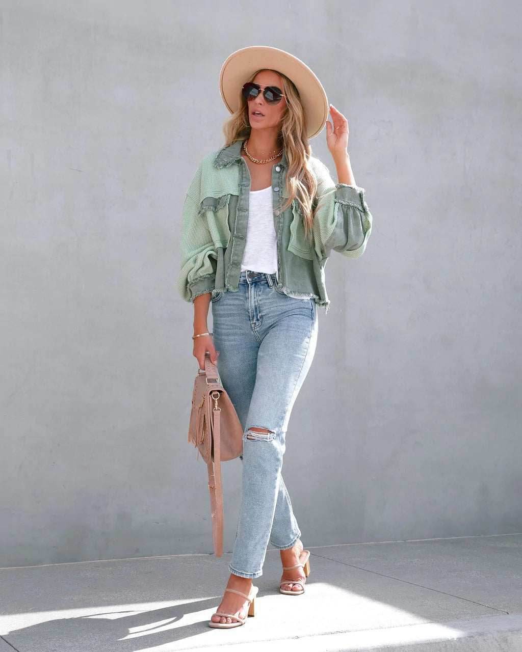 Denim Spliced Waffle Knit Cropped Jacket