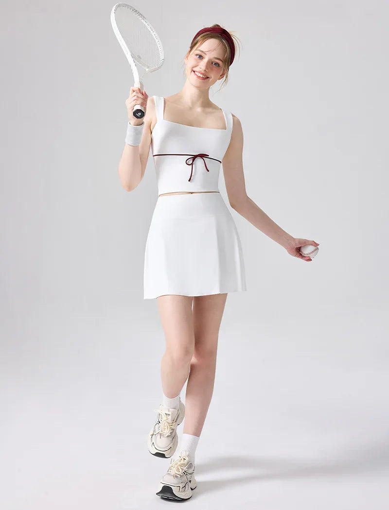 Color Blocked Tennis Sets with Open Back Tank Top and Skirt - White