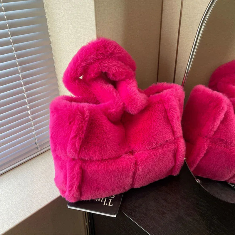 Winter Soft Plush Shoulder Handbag Bag Large Fluffy Tote Bag -