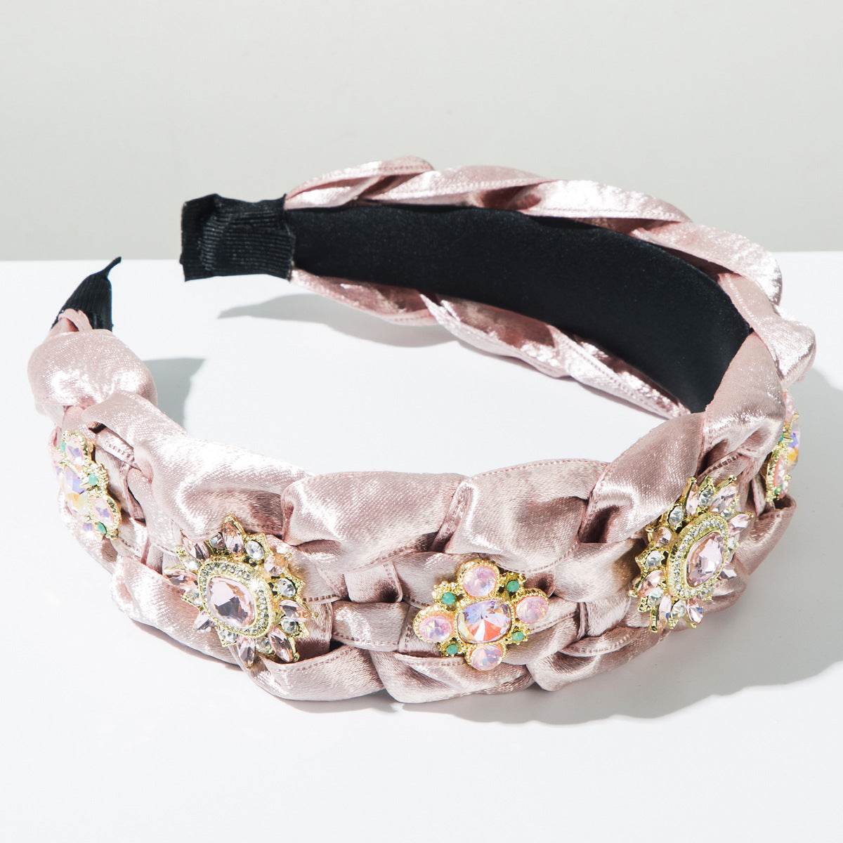 Hand Silks Satins Braided Headband with Flower Rhinestones