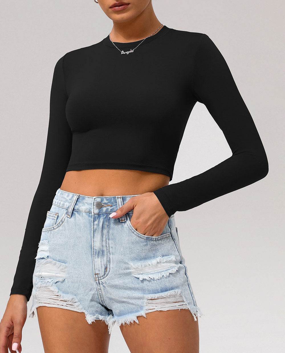 Basic Long Sleeve Fitted Crop Tee Shirt - Black