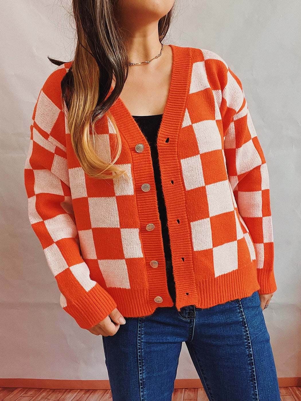 Plaid Color Block Cardigan Sweater