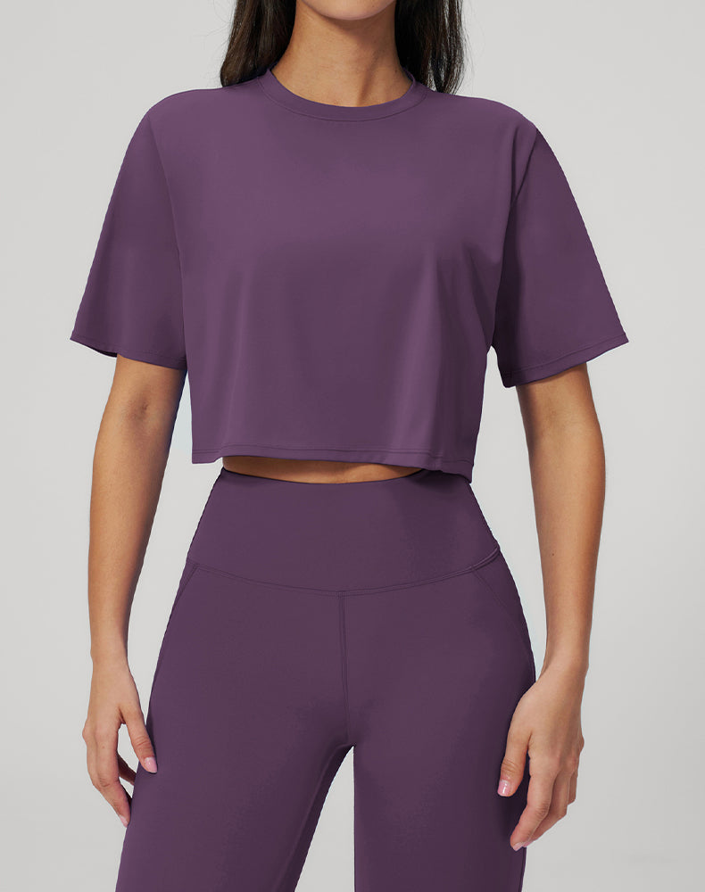 Short Sleeve Crop Tops Round Neck T-Shirts Loose Fit Blouse
