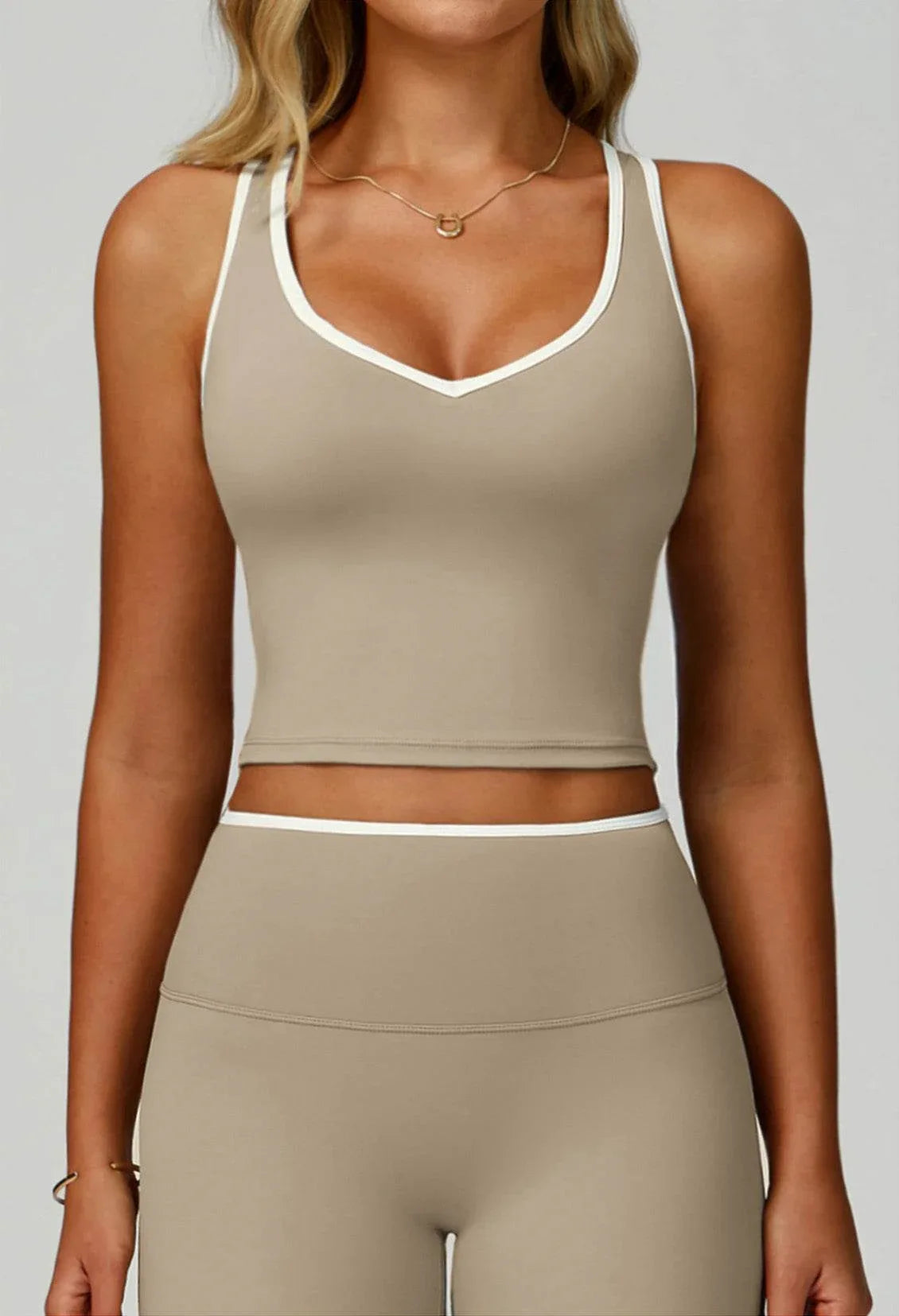 V Neckline Racerback Sports Tank Top - Linen