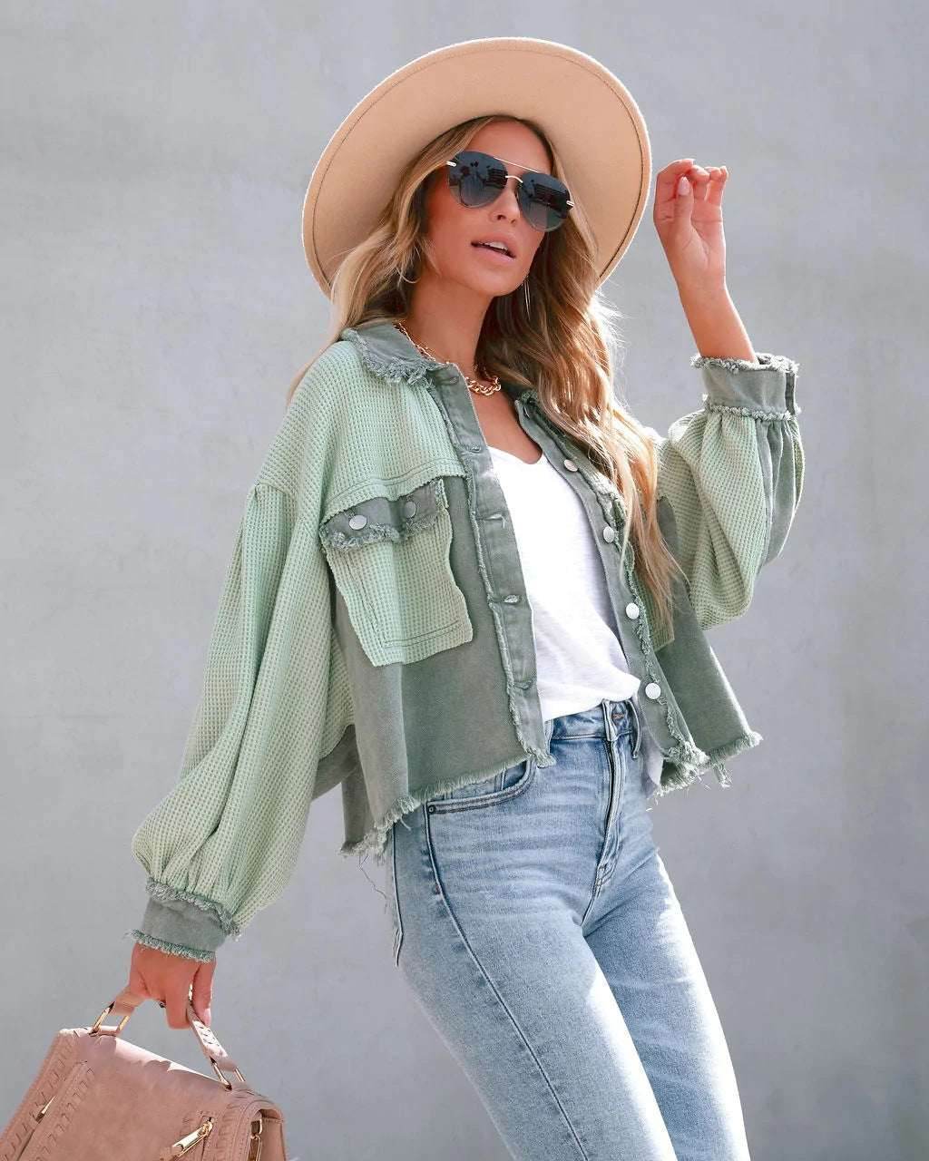 Denim Spliced Waffle Knit Cropped Jacket