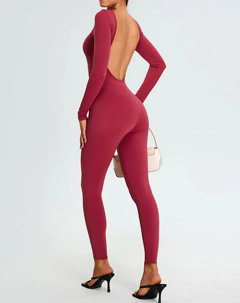 Long Sleeve Backless Workout Jumpsuit One Piece Bodysuit -