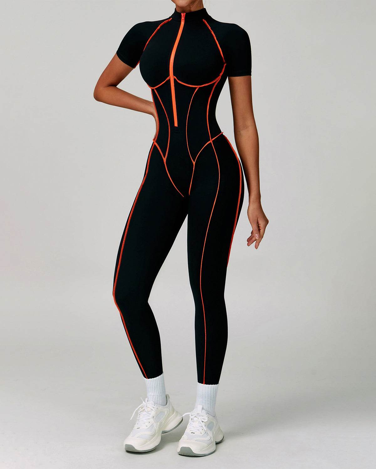 Three Dimensional Line Sports Backless Short Sleeve Jumpsuit