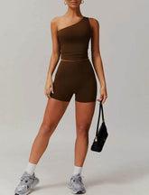 Solid Yoga Set with One Shoulder Tank Top and Short