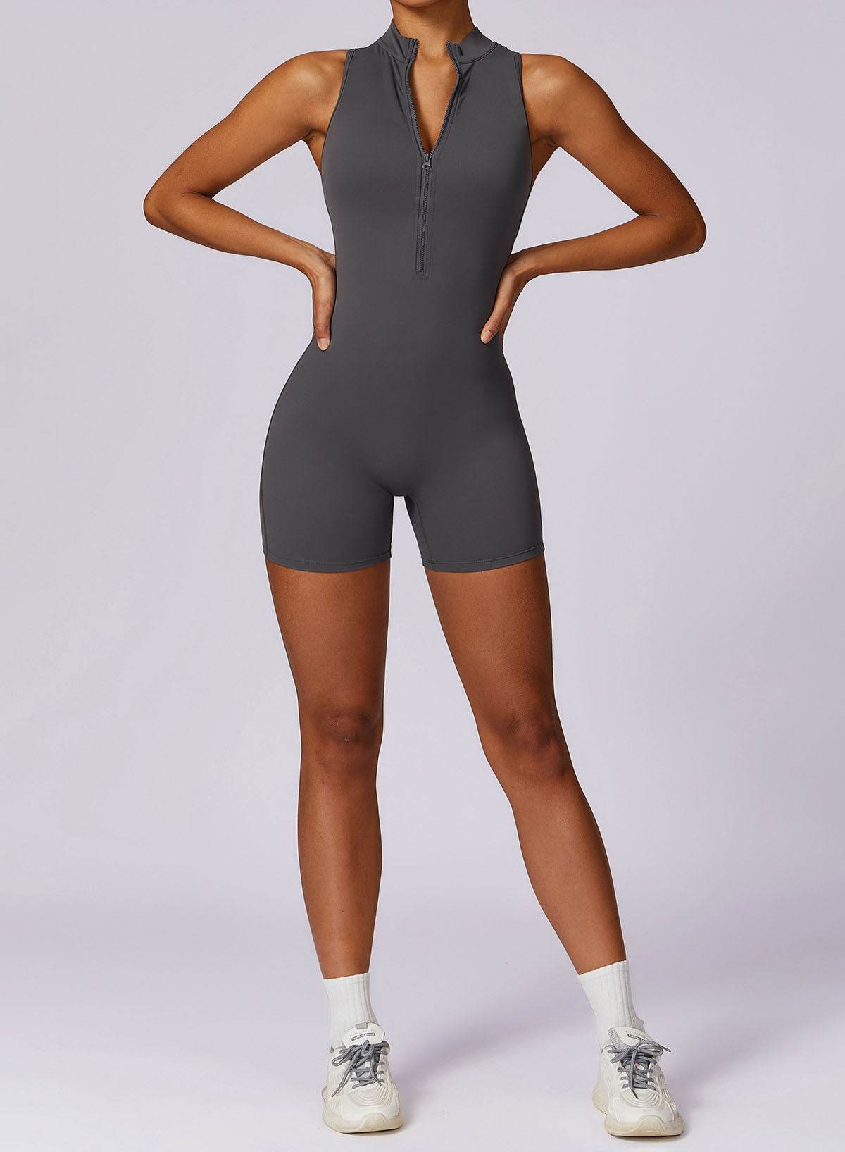 Zip Up Sleeveless Workout Shorts Jumpsuit