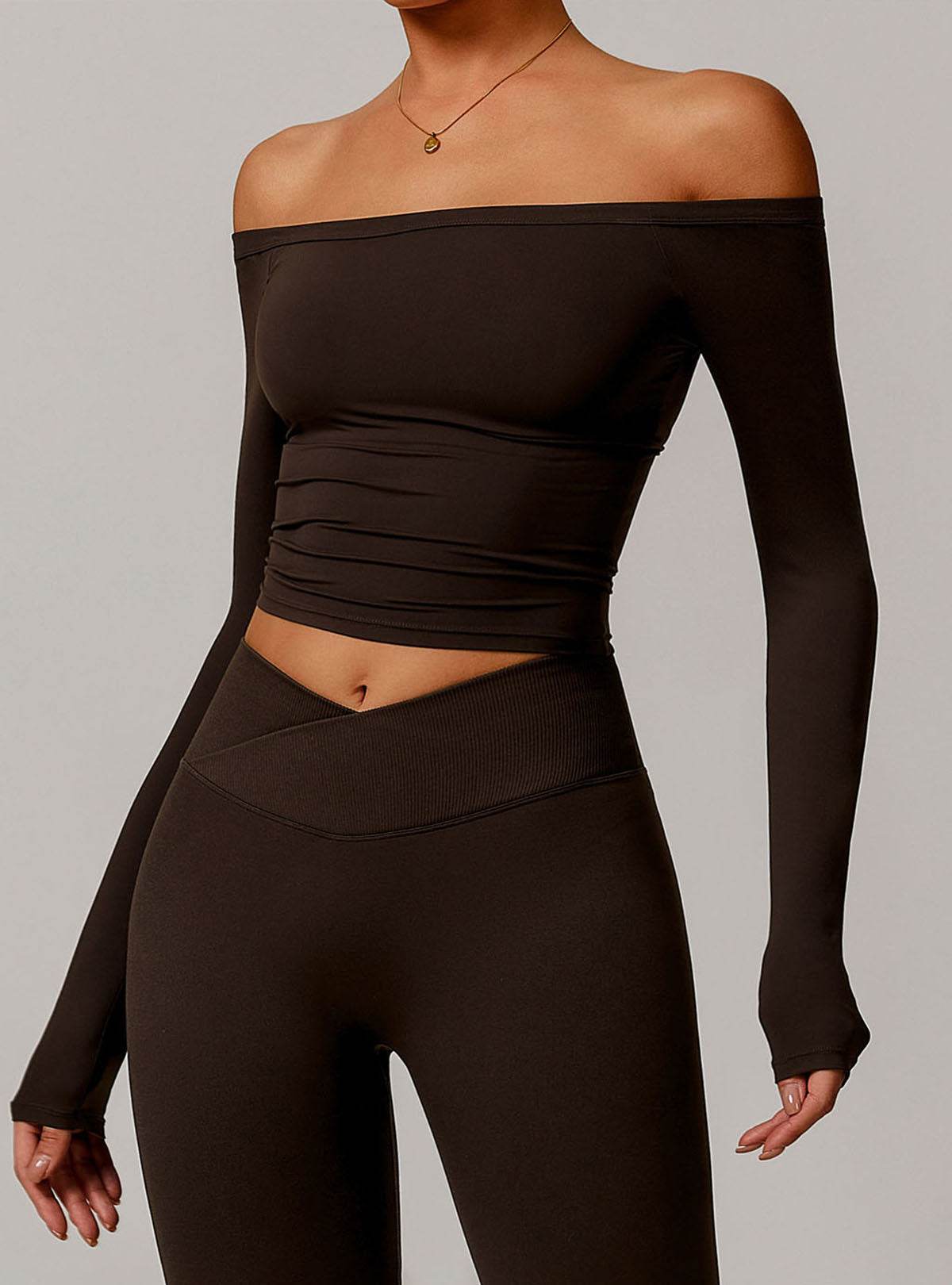 Off Shoulder Long Sleeve Basic Sports T-Shirts