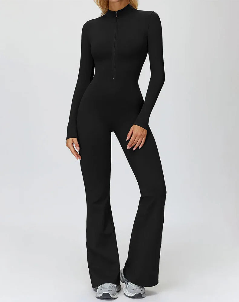 Long Sleeve Flare Workout Jumpsuit Zip Up Wide Leg Bodysuit -