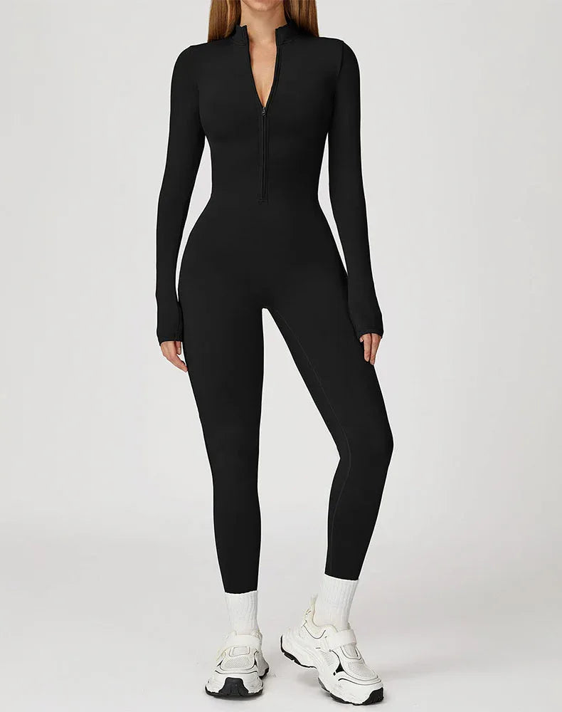 Long Sleeve Yoga Jumpsuit Zip Up Bodysuit with Chest Pads -
