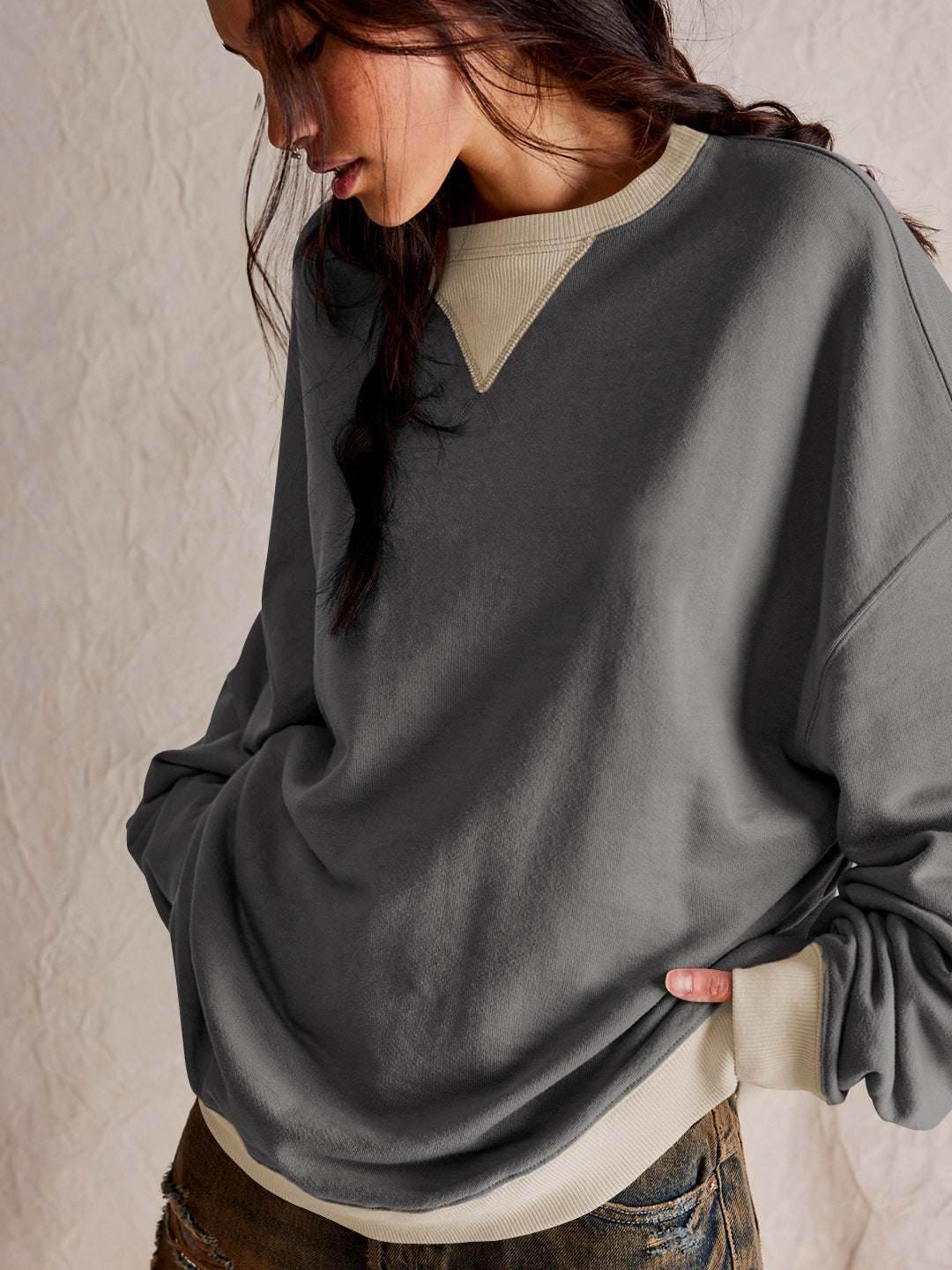Oversized Color Block Long Sleeve Sweatshirt