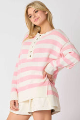 Long Sleeve Button Striped Pullover Sweater