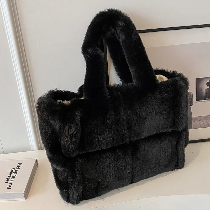 Winter Soft Plush Shoulder Handbag Bag Large Fluffy Tote Bag - Black