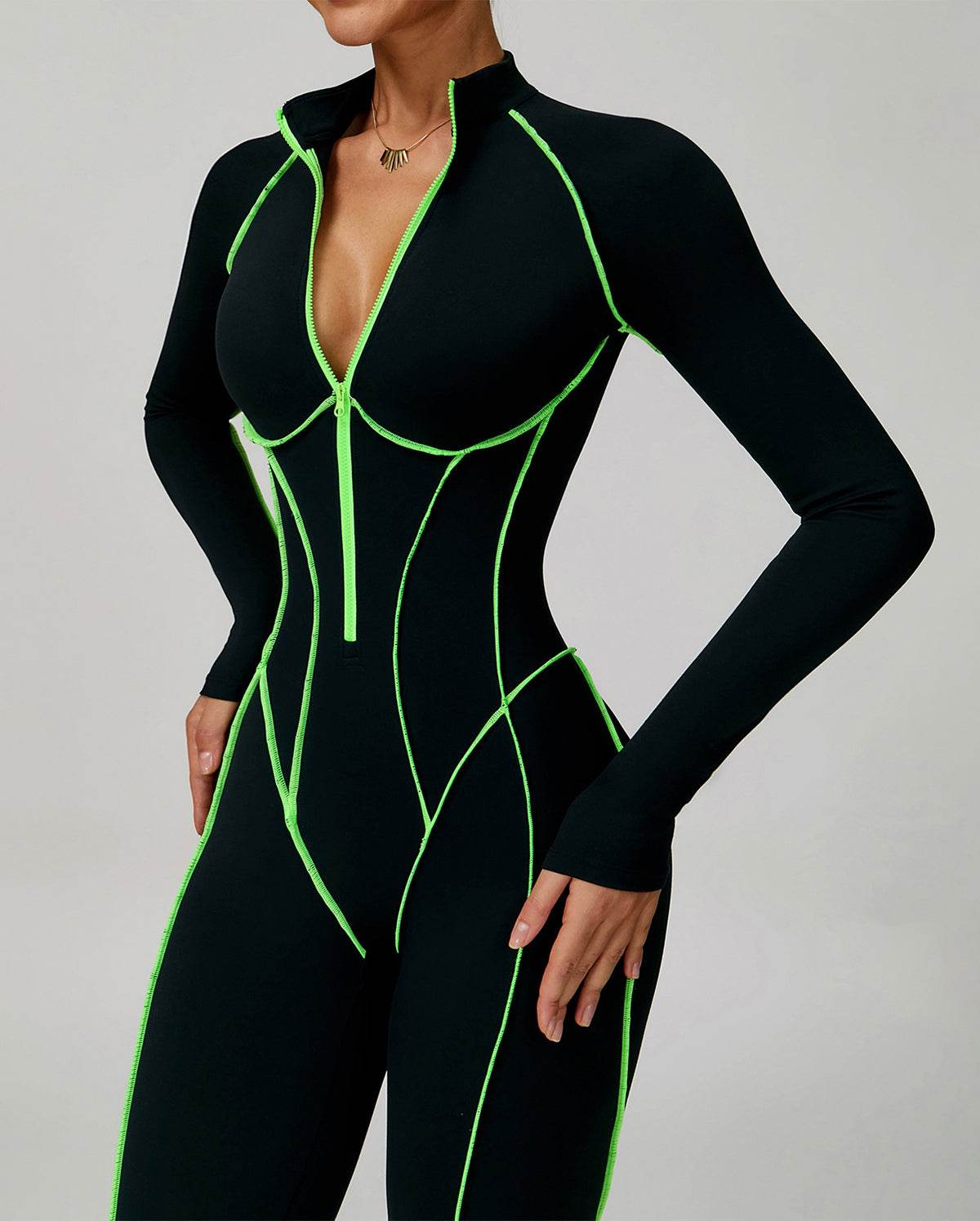 Three Dimensional Line Sports Backless Long Sleeve Jumpsuit