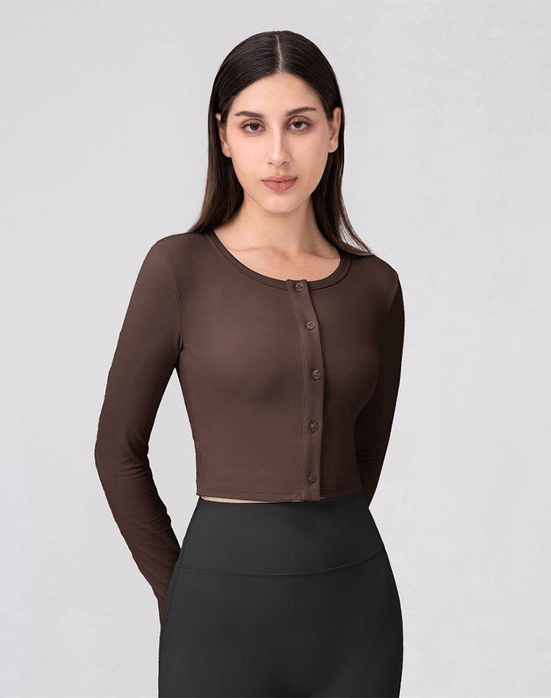 Long Sleeve Button Up Cropped Cardigan Crew Neck Tops