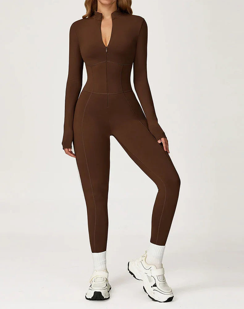 Contour Seams Workout Jumpsuit Zip Up One Piece Bodysuit - Caramel Brown