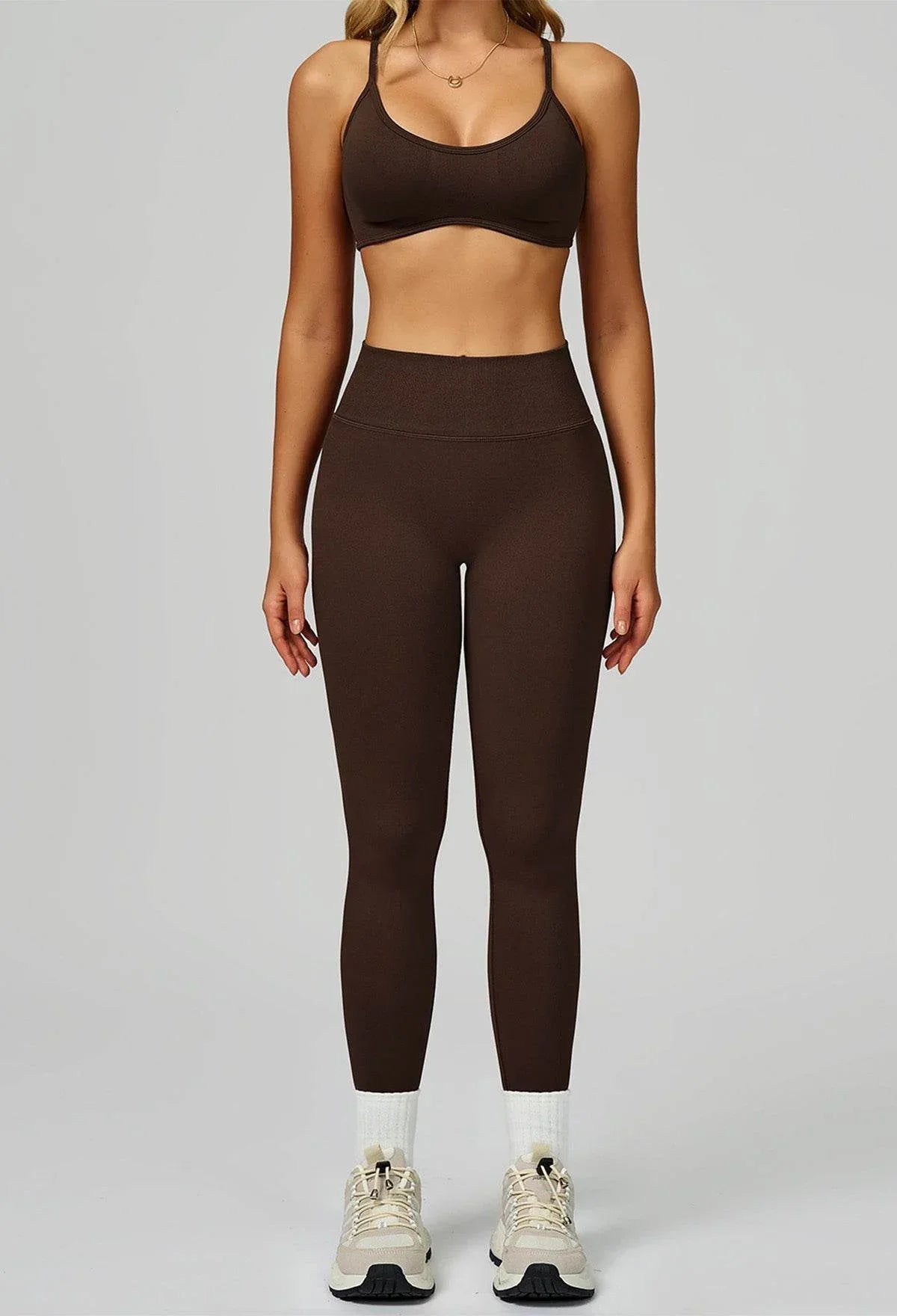 Sport Set with Color Block Sports Bras and Legging - Dark Brown