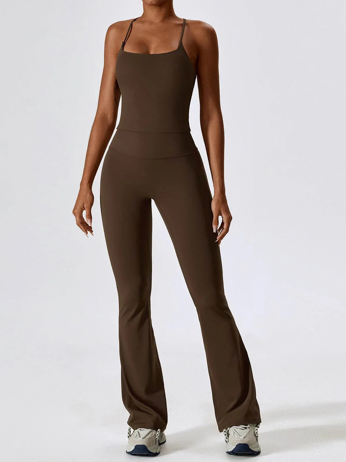 Sport Set with Crossover Strap Tank Top and Flared Pant - Burnt Tea Coffee