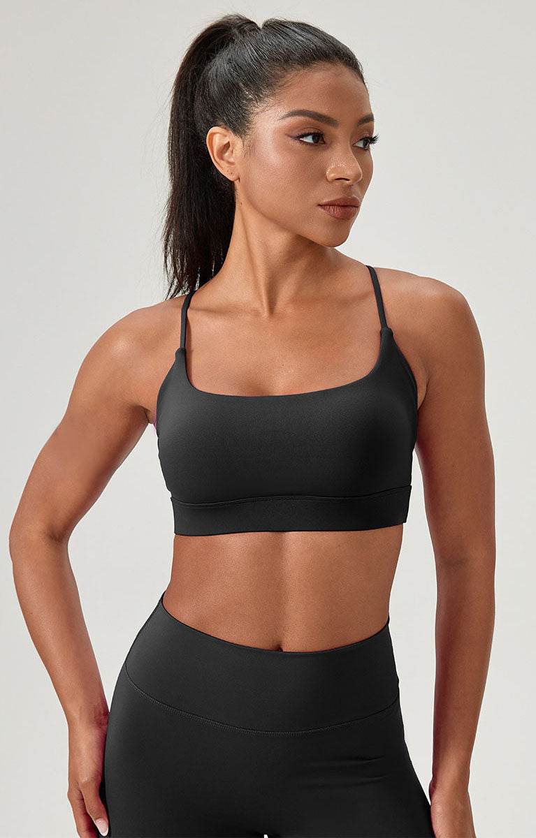 Cross Spaghetti Straps Sports Bra with Chest Pad - Black