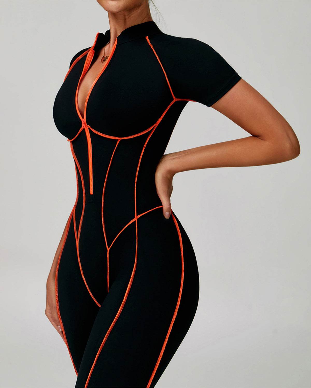 Three Dimensional Line Sports Backless Short Sleeve Jumpsuit