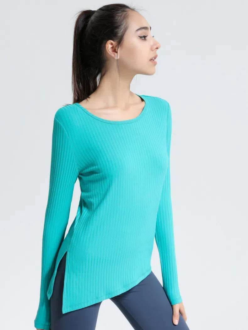 Long Sleeve Ribbed Sports T-Shirts - Lake Green