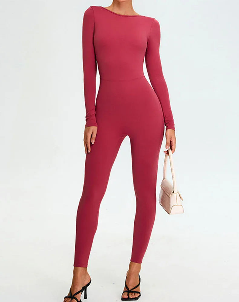 Long Sleeve Backless Workout Jumpsuit One Piece Bodysuit -