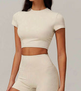 Short Sleeve Yoga Cropped T-Shirt With Gold Blocking Pattern