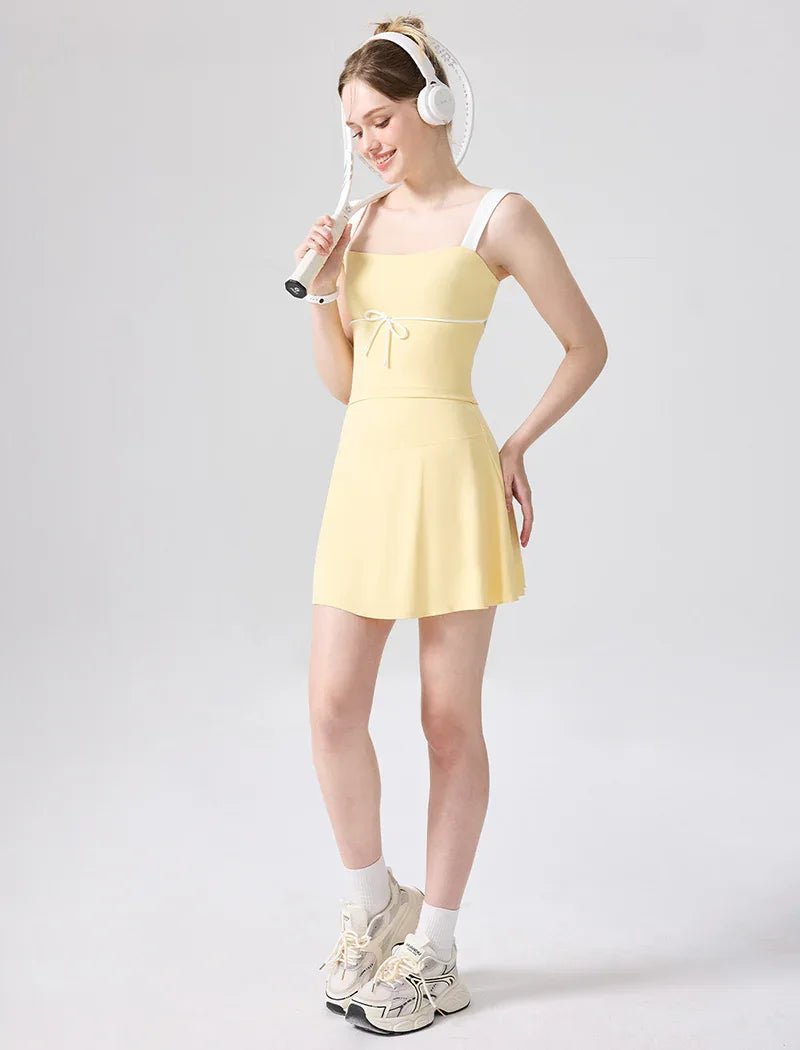 Color Blocked Tennis Sets with Open Back Tank Top and Skirt - Yellow