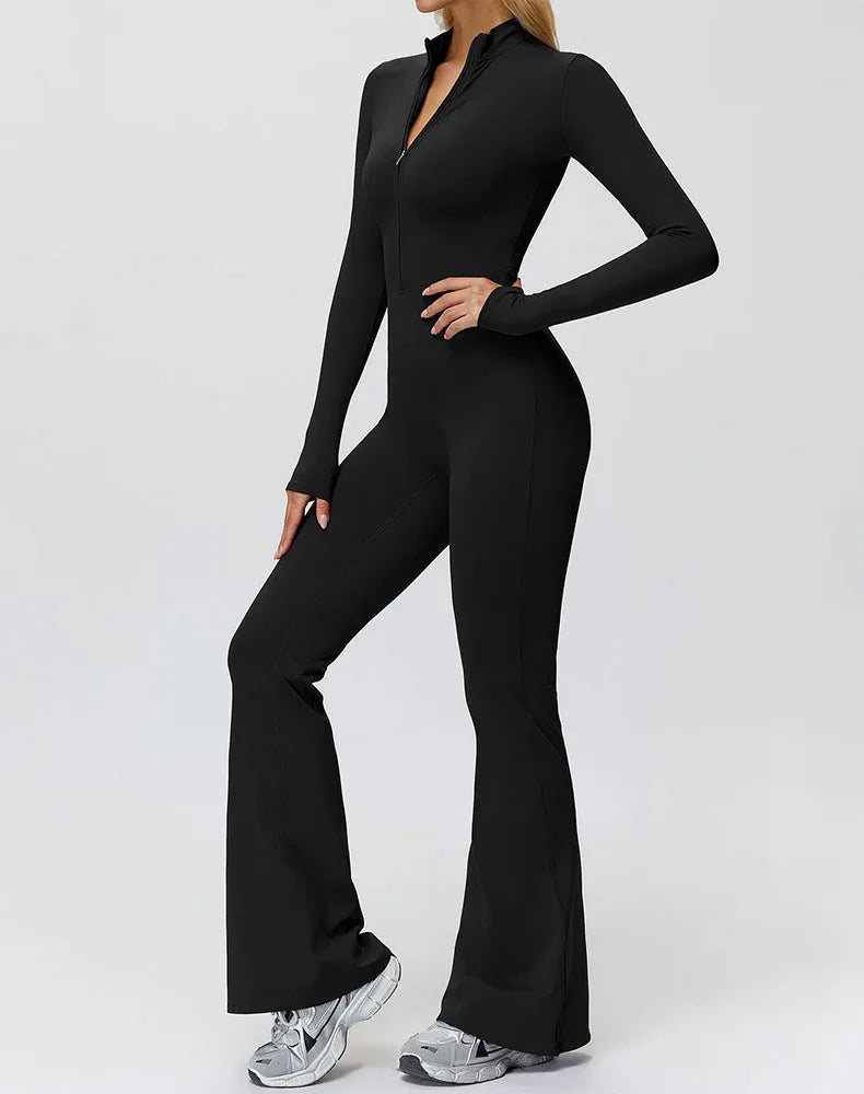 Long Sleeve Flare Workout Jumpsuit Zip Up Wide Leg Bodysuit -