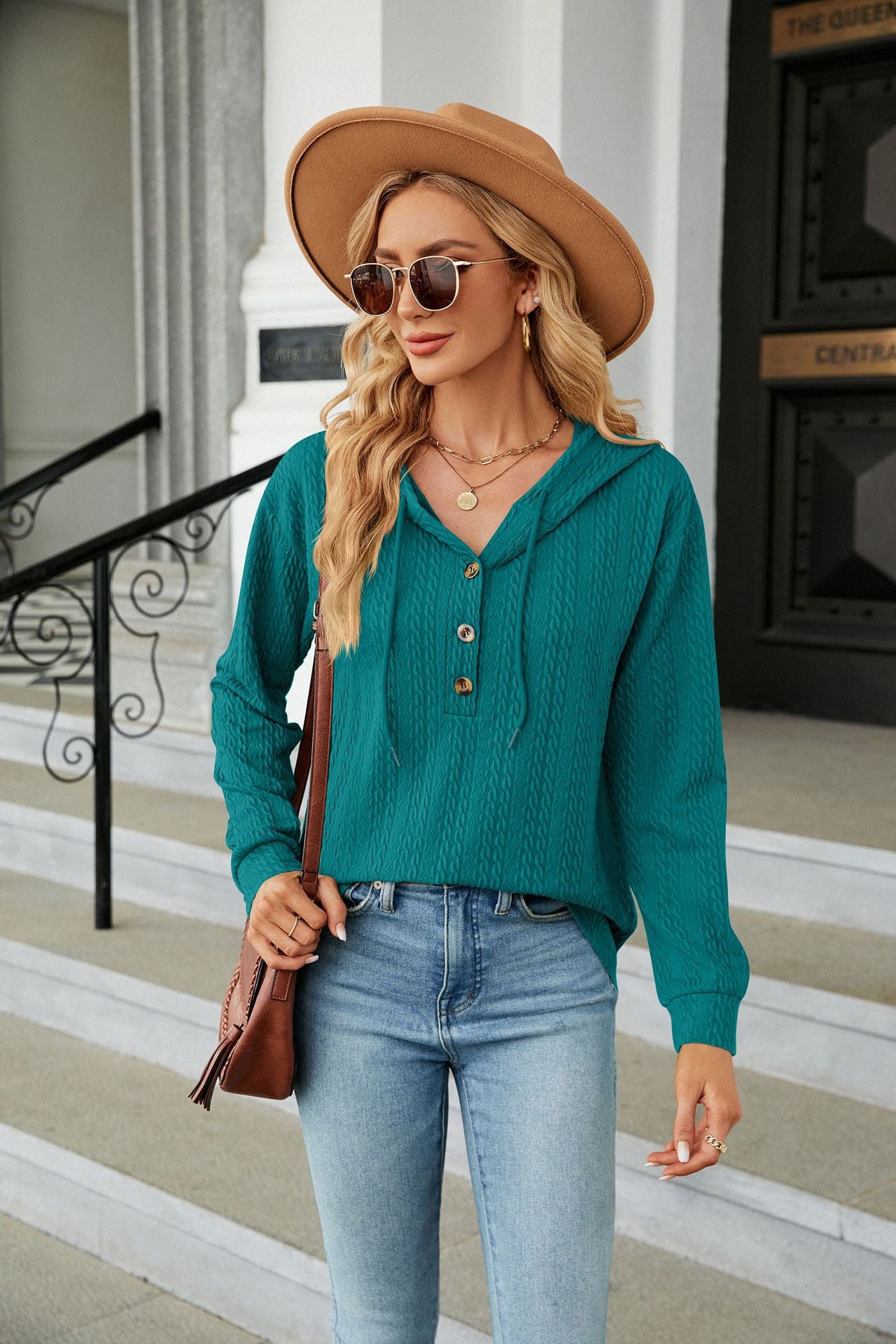 Button Hooded Sweatshirt Loose Long Sleeve Casual Tops